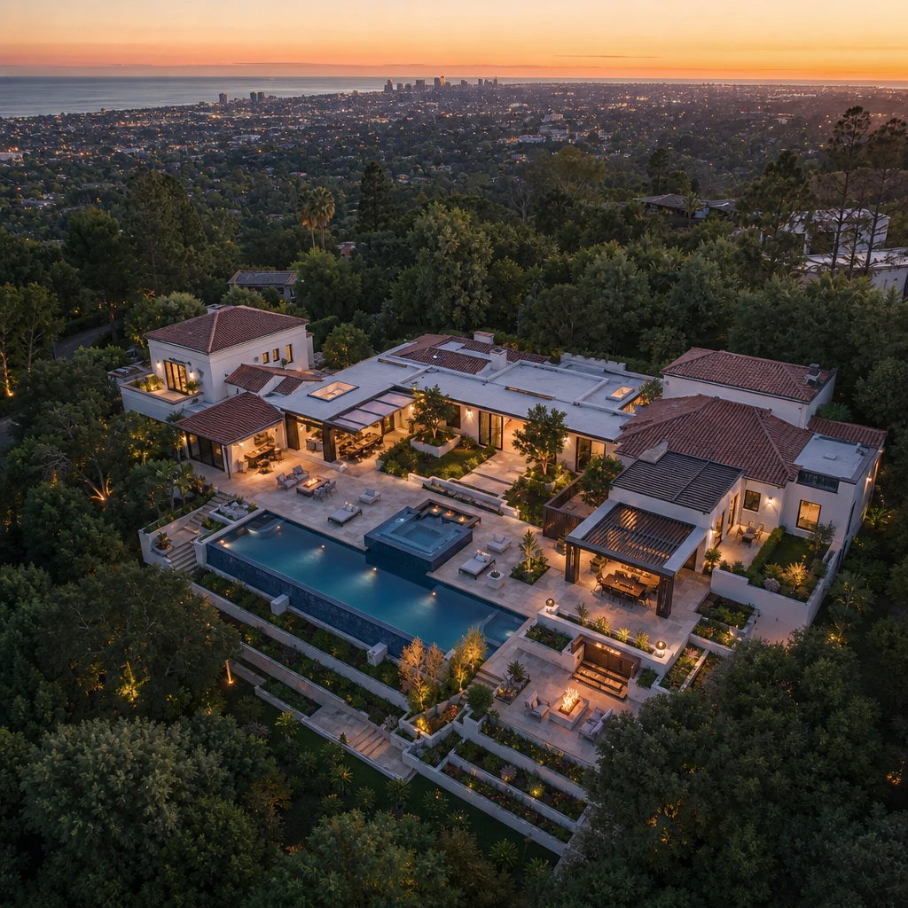 AI-generated aerial view of a luxury contemporary residential property — large pool, manicured garden terraces, terracot