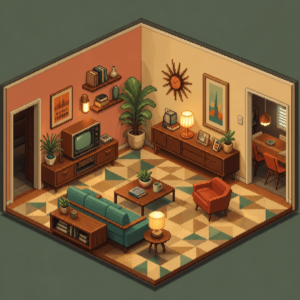Vintage mid-century modern living room diorama in pixel style, pastel color palette with warm incandescent lighting, geo
