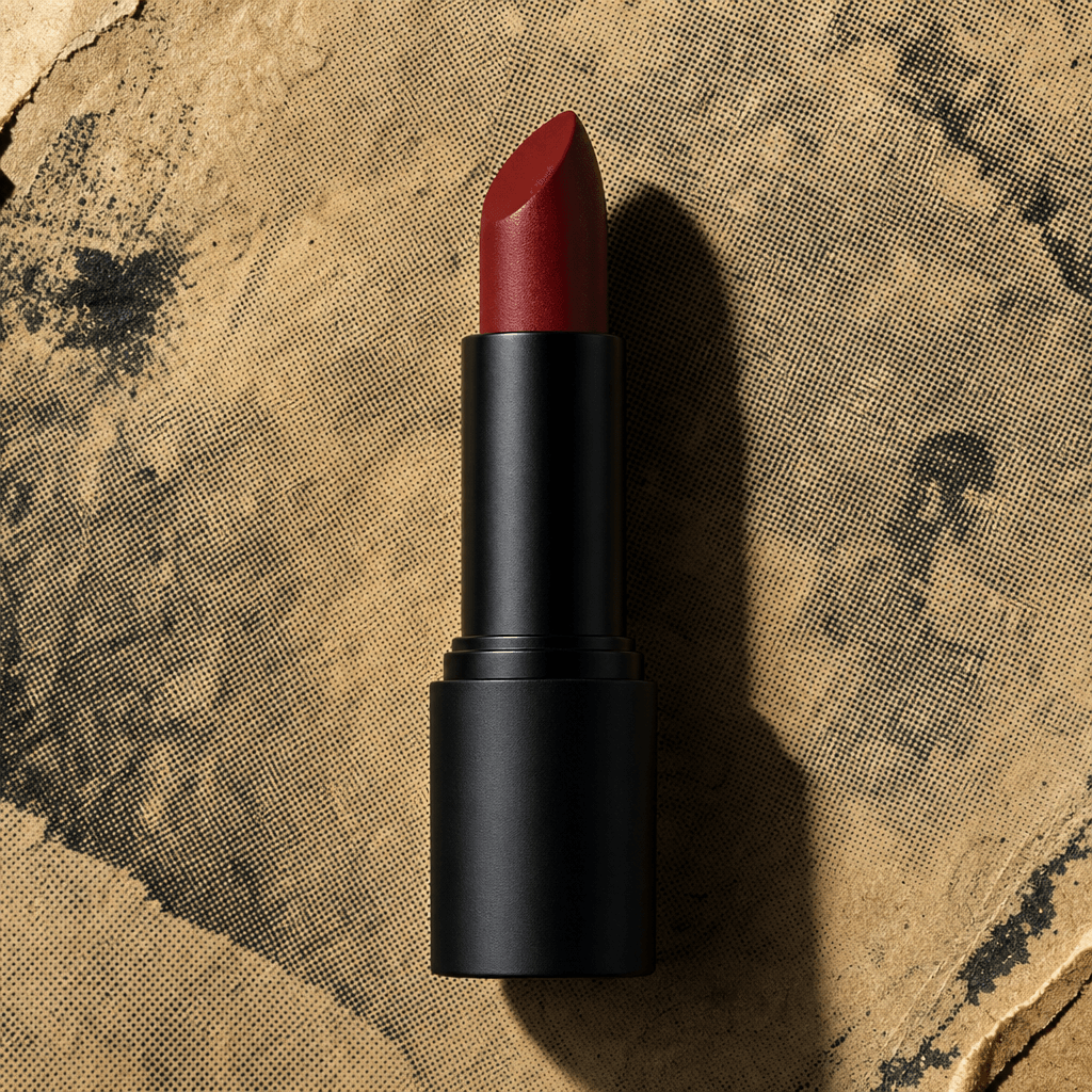A matte-black luxury lipstick tube centered on aged yellowed newsprint, extreme close-up macro product shot. Halftone do