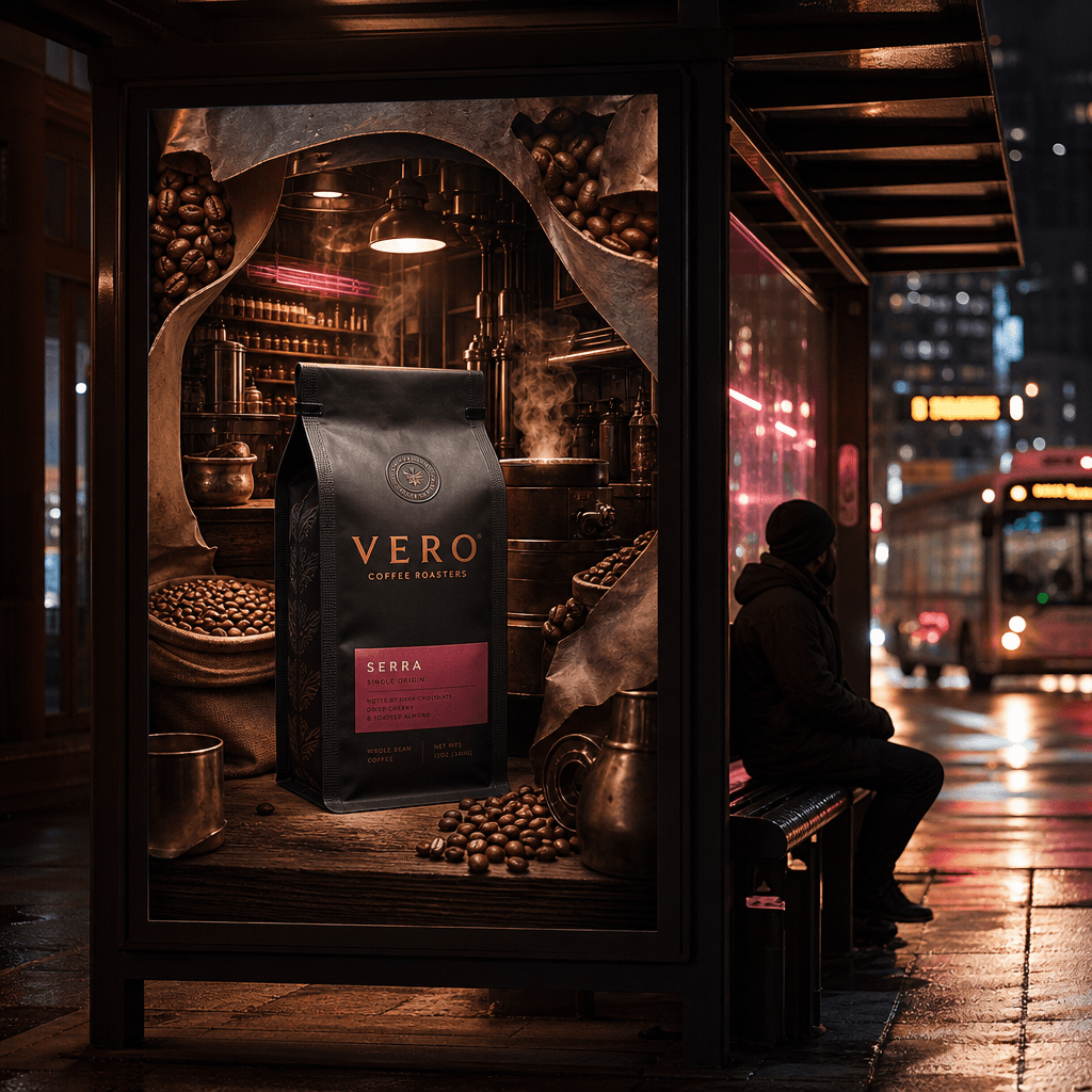 A premium coffee package inside a warm surreal roastery that emerges from an ordinary bus stop advertisement, the portal