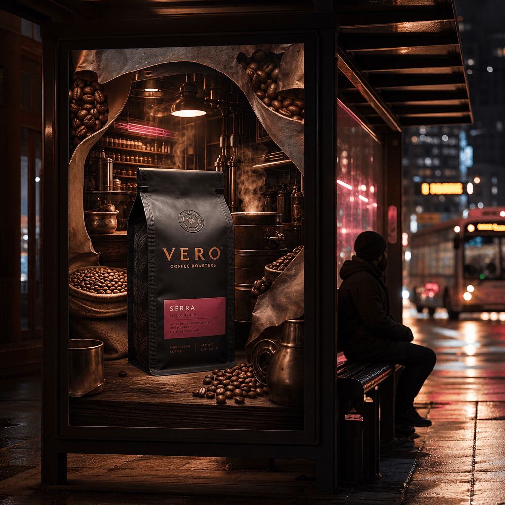 A premium coffee package inside a warm surreal roastery that emerges from an ordinary bus stop advertisement, the portal