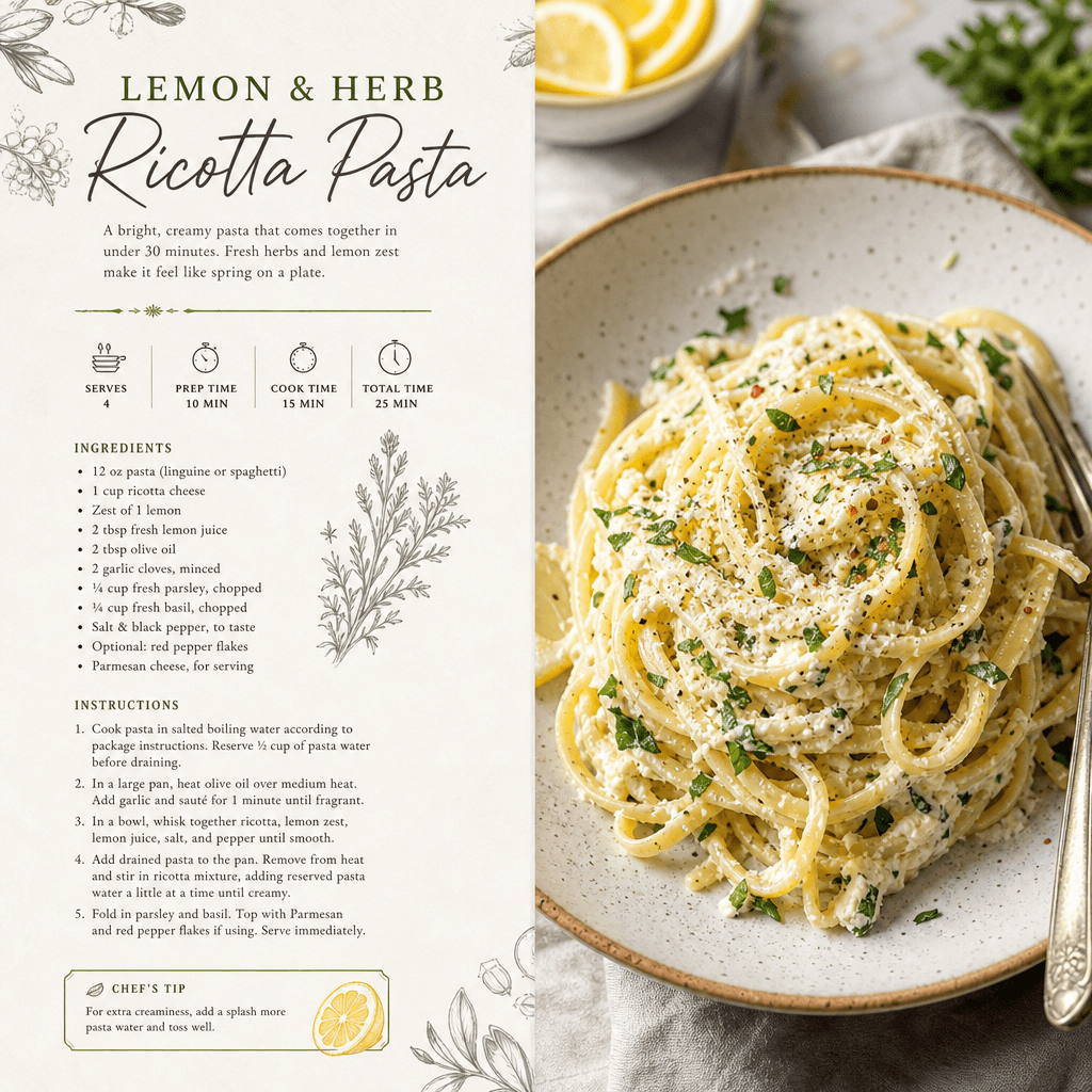 Plated pasta dish with fresh herbs, cookbook illustration style overlay, culinary photography, recipe presentation, edit