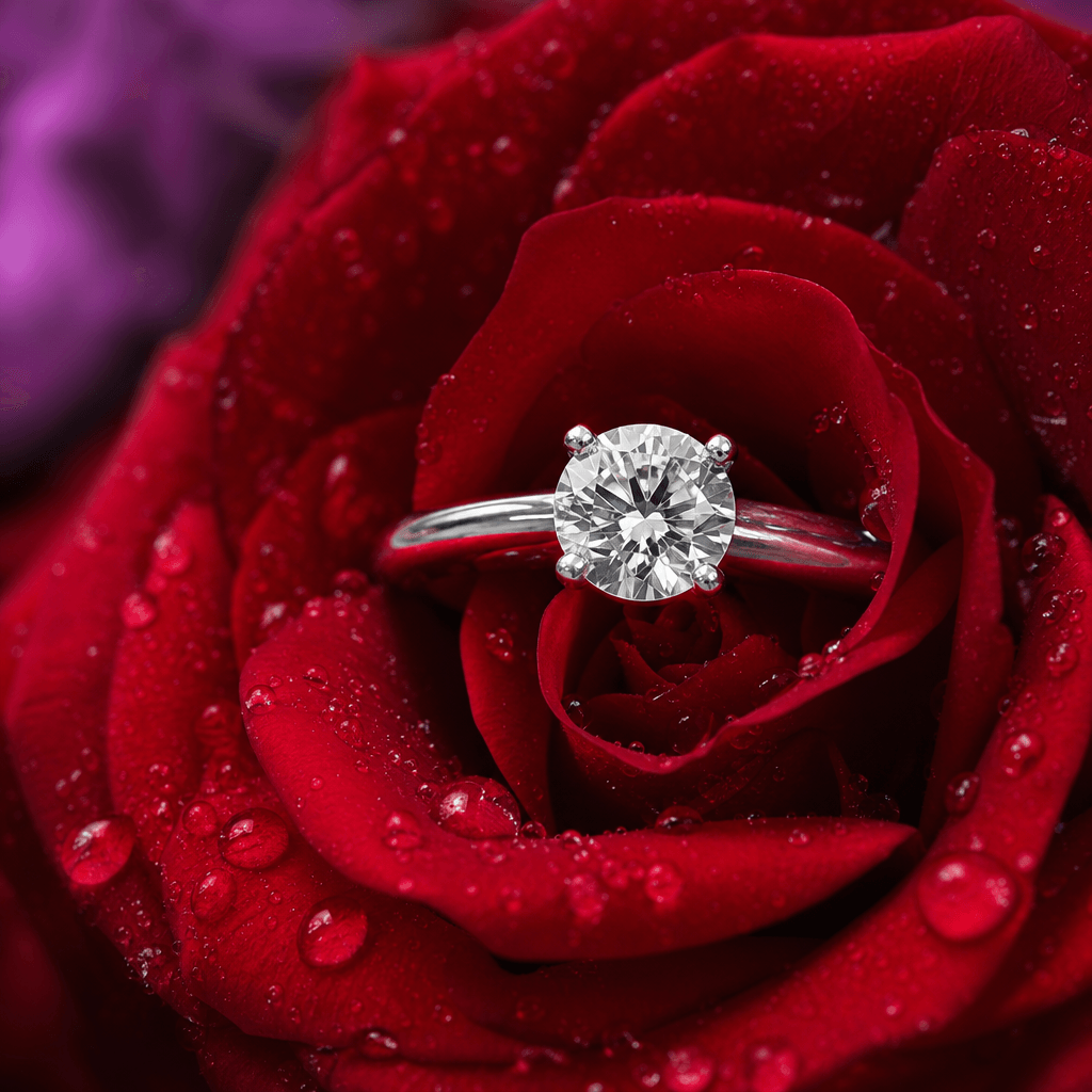 Diamond engagement ring nestled in wet rose petals, close-up macro flower photography, soft romantic studio lighting, sh