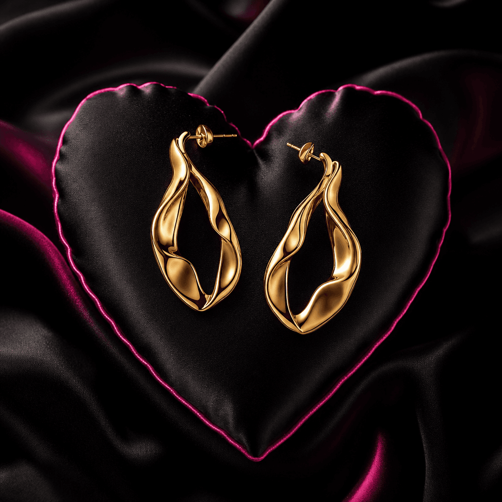 A pair of sculptural gold earrings arranged on a black silk heart-shaped pillow, hot pink accent light tracing the fabri