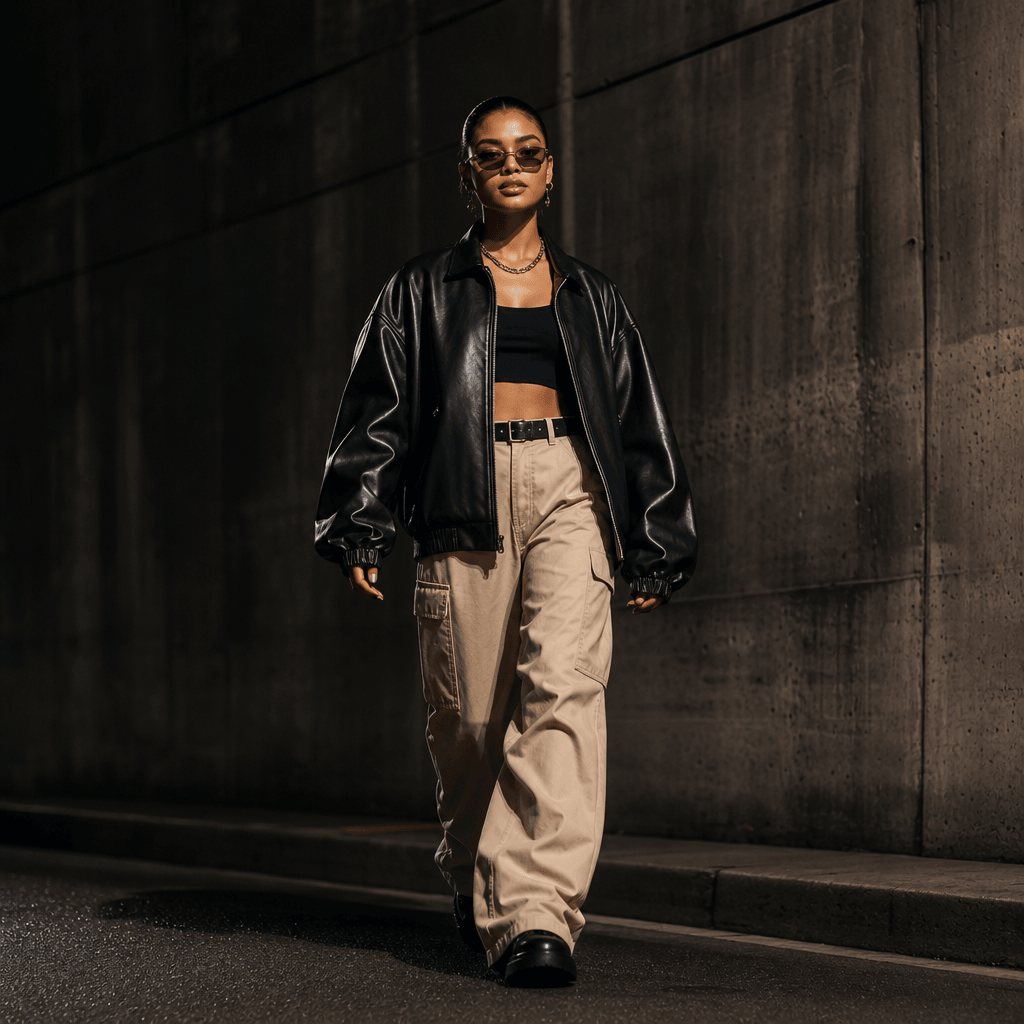 Street style fashion walk video. Diverse model in trendy outfit walking on dark moody background. Professional lighting