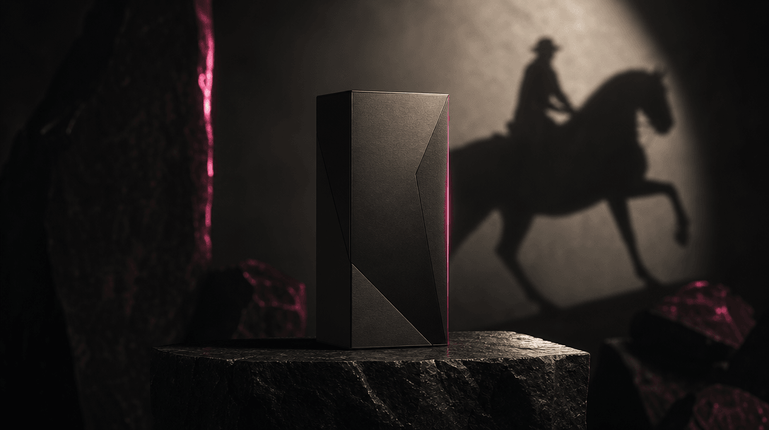 A single premium product box on a black stone pedestal while the elongated shadow of a horse and rider crosses behind it