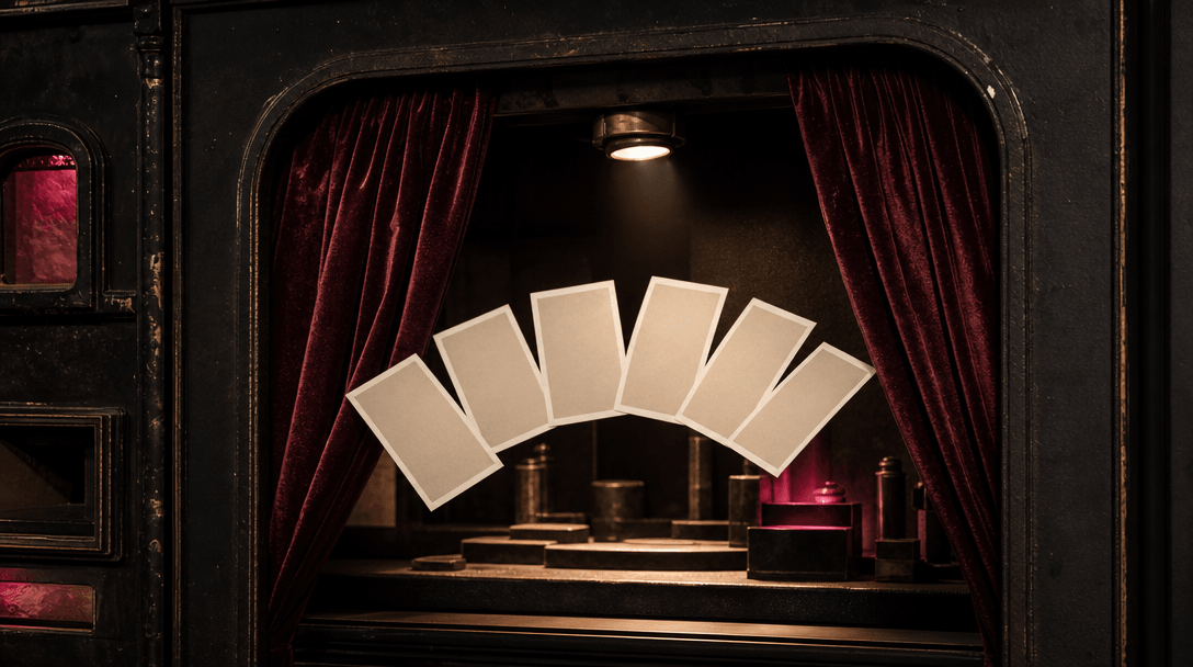 A vintage photo booth curtain opening onto a meticulously lit miniature studio, with six blank photographic cards emergi