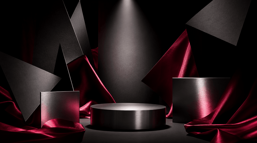 An abstract fashion set built from black paper, brushed metal, crimson silk, and a focused spotlight surrounding a cente