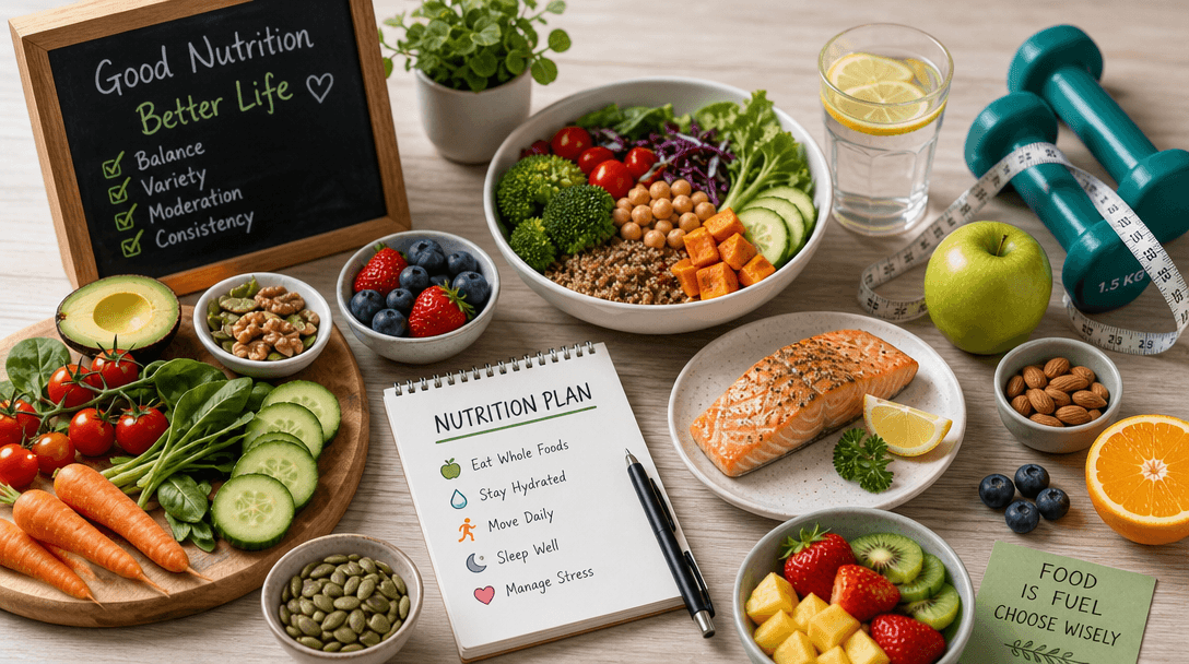 A visually appealing scene of diverse nutritionist themes, showcasing various healthy food items arranged artistically o