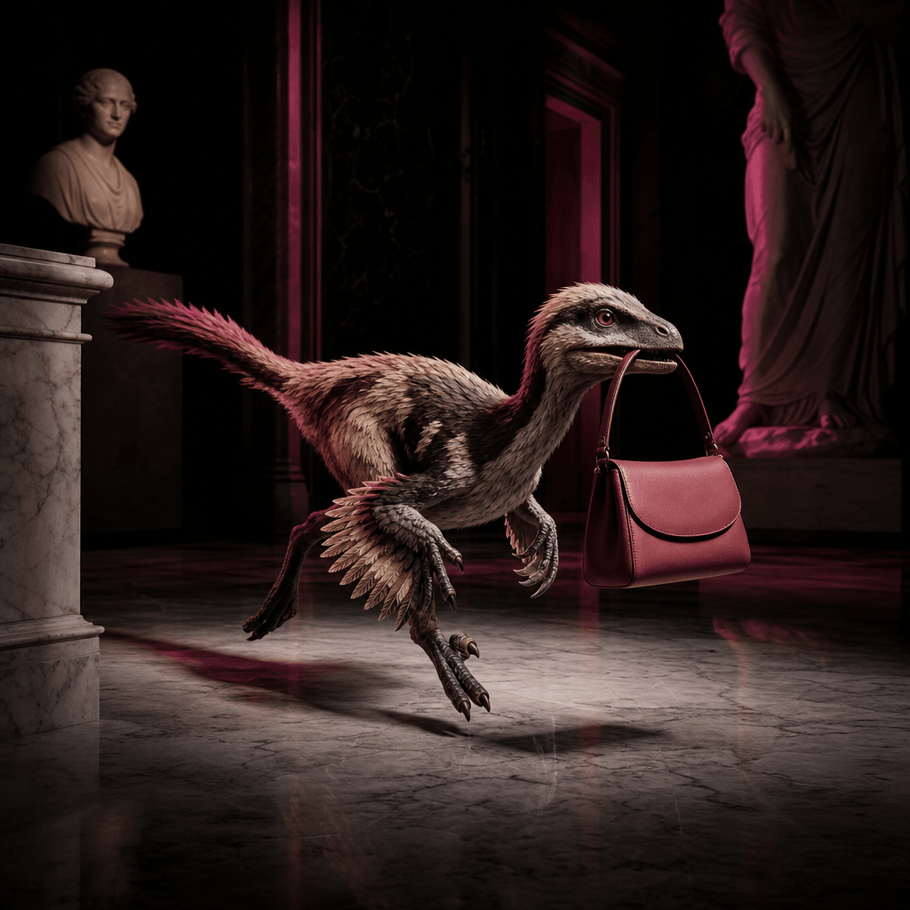 A small feathered dinosaur escaping across a luxury museum floor with an elegant leather handbag held carefully in its j