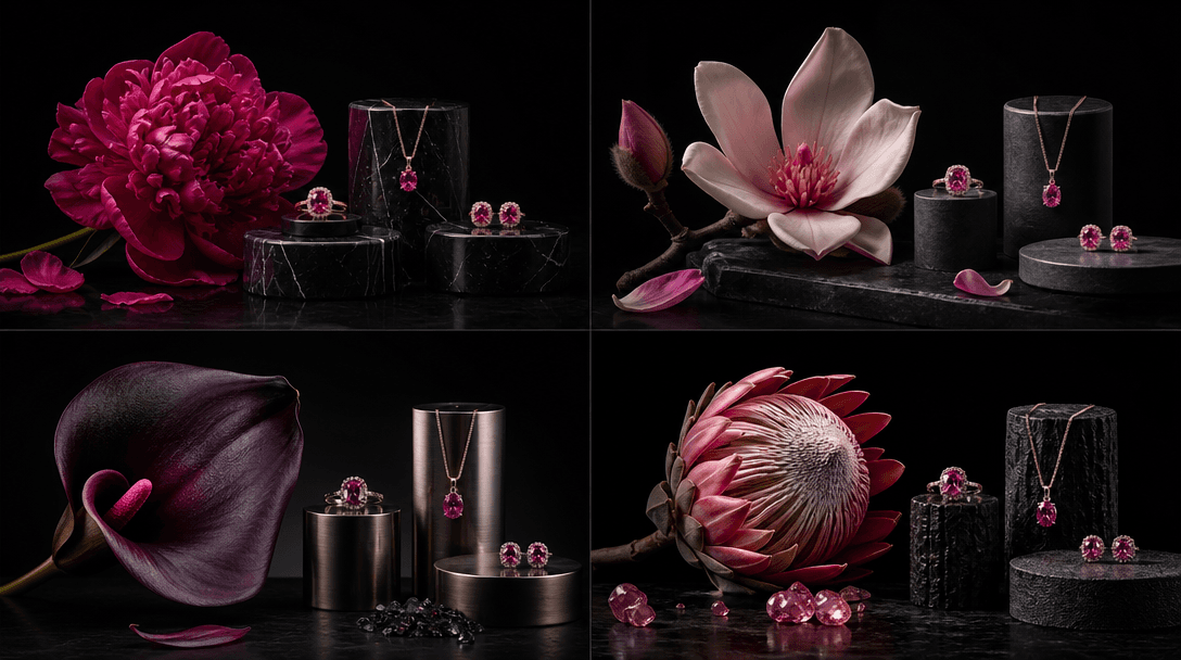 Four distinct flowers arranged as a cohesive campaign collection around matching jewelry pedestals, each variation using