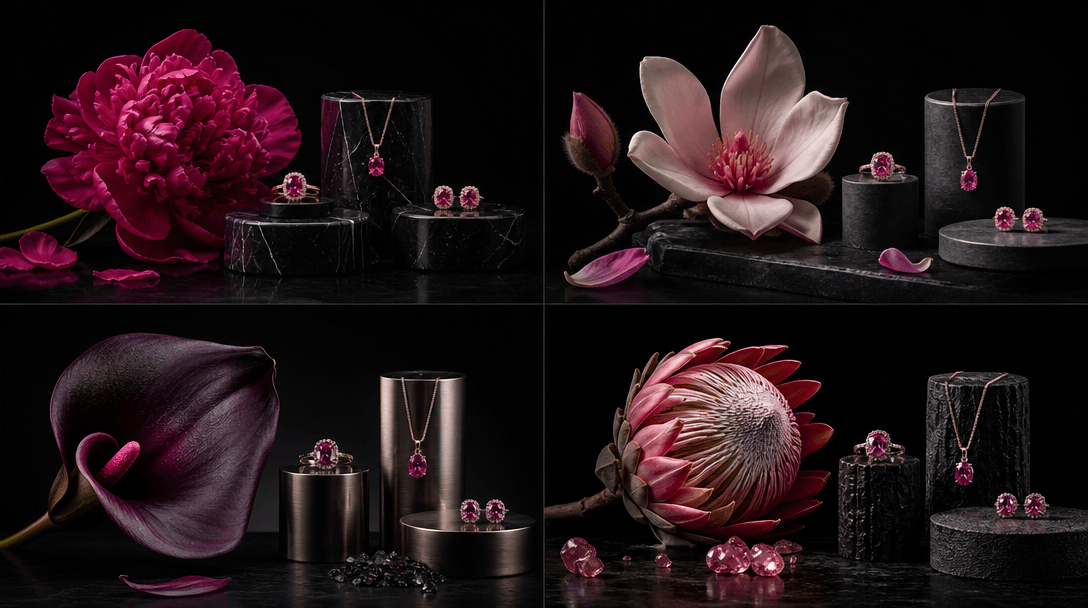 Four distinct flowers arranged as a cohesive campaign collection around matching jewelry pedestals, each variation using