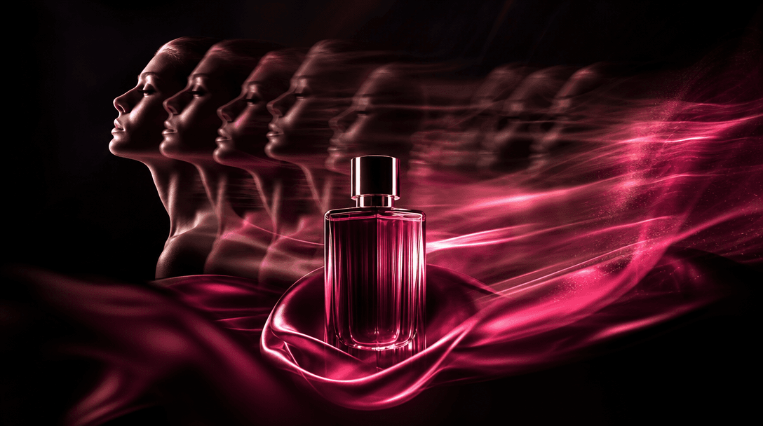 A static beauty packshot transforming visually into flowing motion through repeated silhouettes, directional light trail