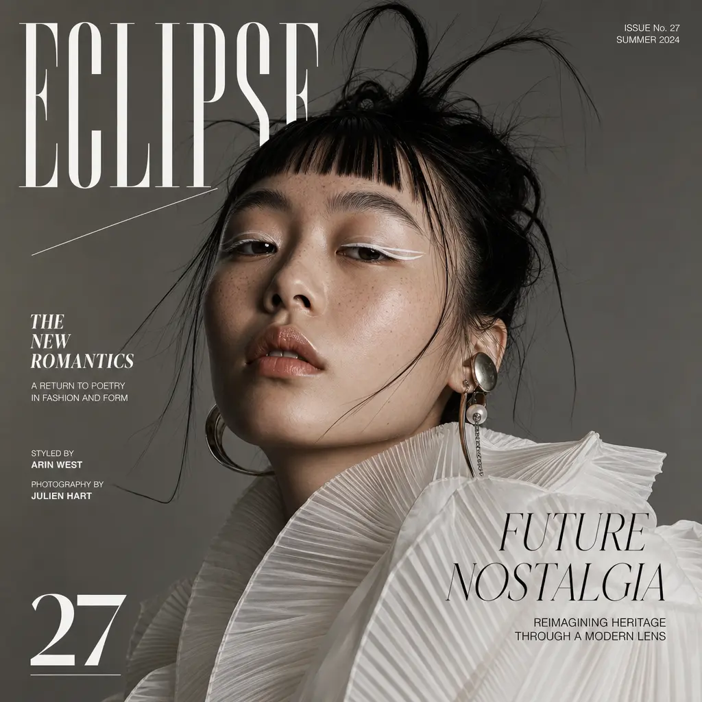 A striking portrait with avant-garde fashion and styling, captured in a studio setting that emphasizes the unique featur