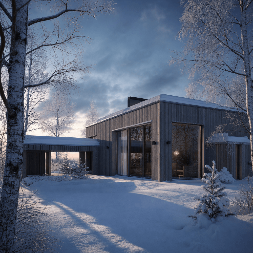 Photorealistic architectural render of a minimalist Scandinavian timber-clad house in deep winter — snow blanketing the