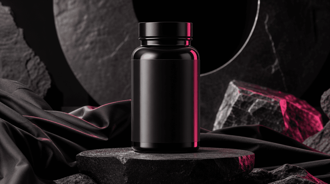 A premium supplement bottle staged like a fashion campaign centerpiece on a dark stone platform, surrounded by sculpted