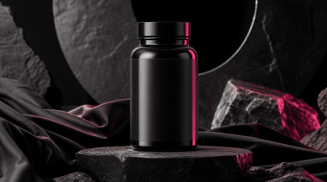 A premium supplement bottle staged like a fashion campaign centerpiece on a dark stone platform, surrounded by sculpted