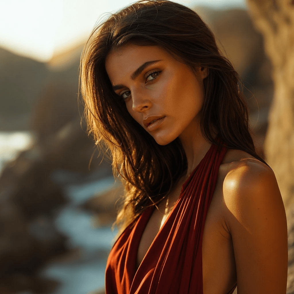 Cinematic outdoor portrait at golden hour, dramatic side lighting catching the cheekbone, editorial style, rich color gr