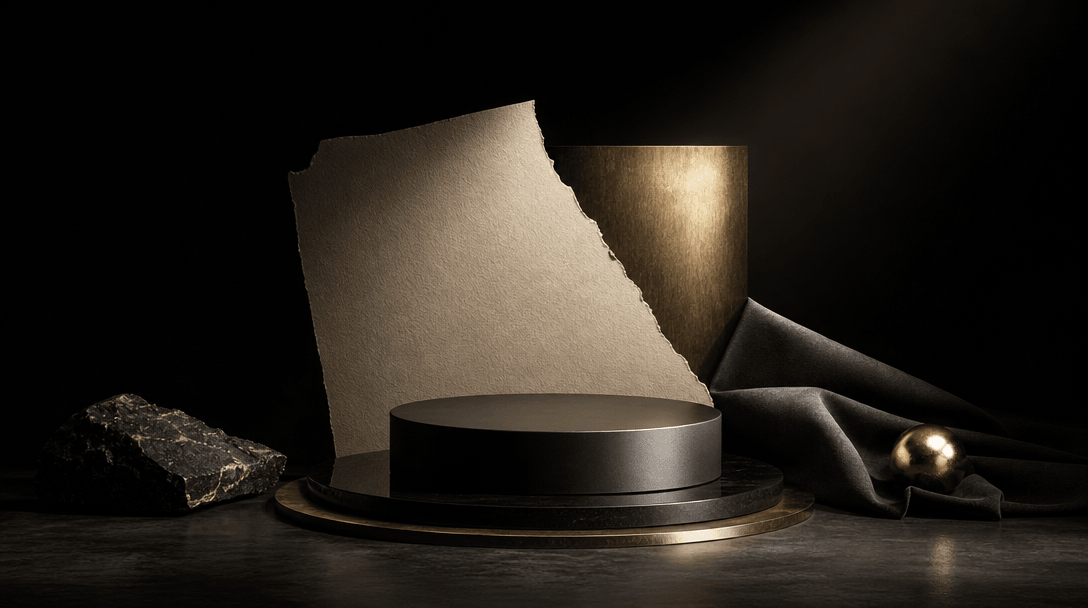 A pristine product pedestal emerging from darkness as a single sculptural spotlight illuminates textured paper, polished