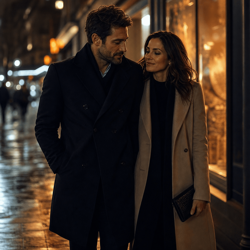 An adult couple photographed during a quiet evening city walk, natural chemistry, tailored coats, wet pavement reflectin