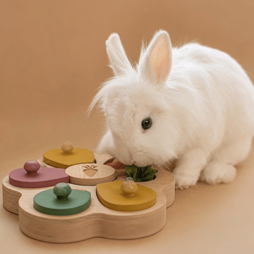 Fluffy white rabbit sniffing colorful wooden puzzle toy on seamless background, soft natural light, cozy aesthetic, shal