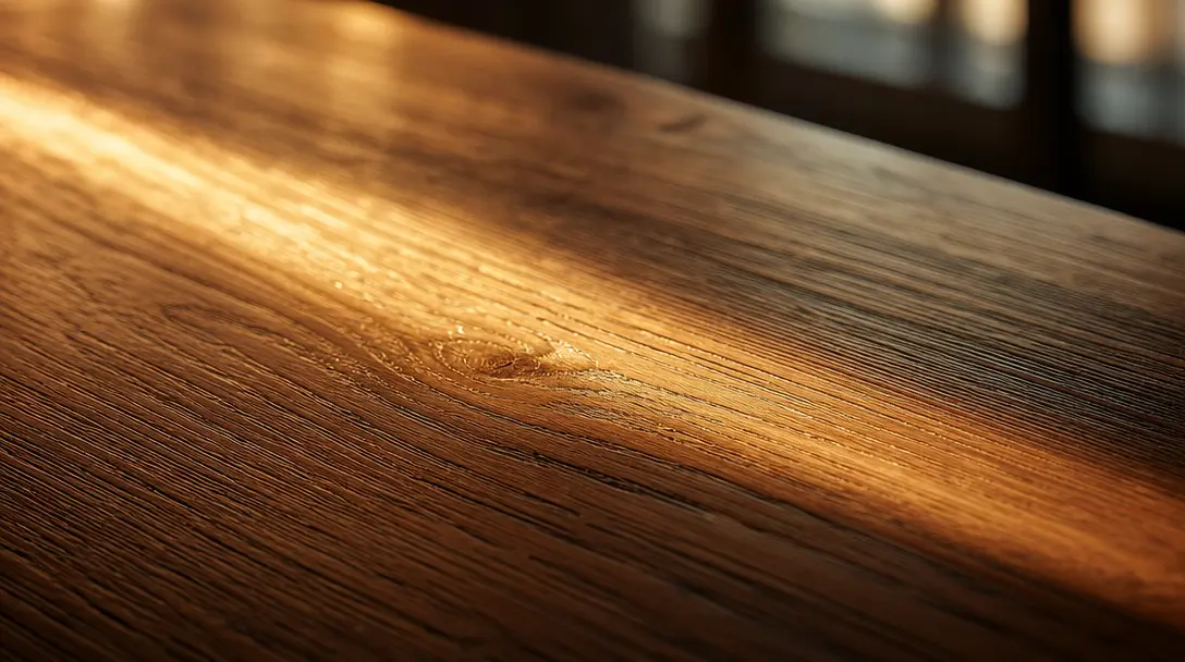 Ultra-close editorial photograph of warm afternoon sunlight playing across polished oak wood grain, golden specular high