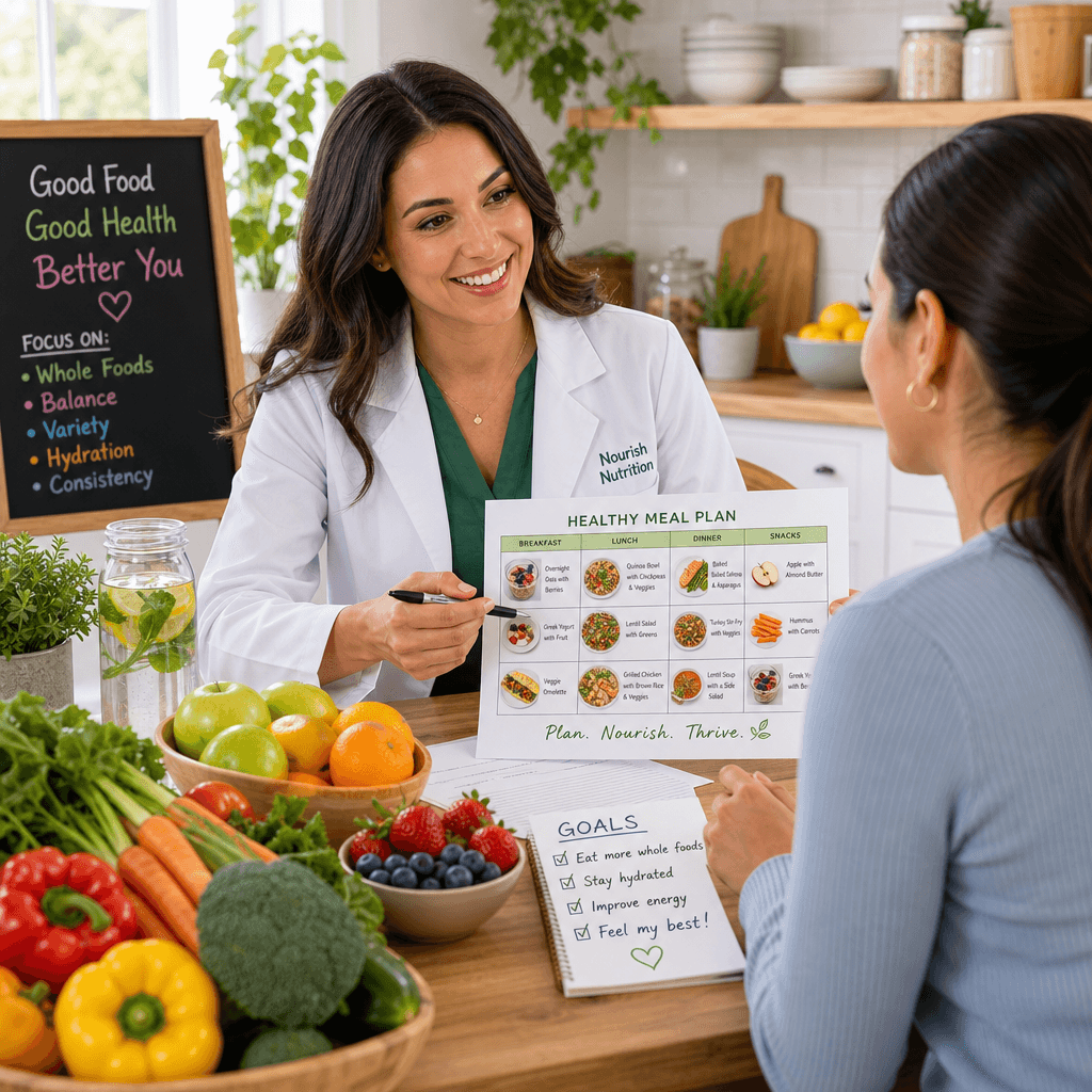 A vibrant image of a nutritionist consulting with a client, with a focus on healthy meal planning, featuring colorful fr