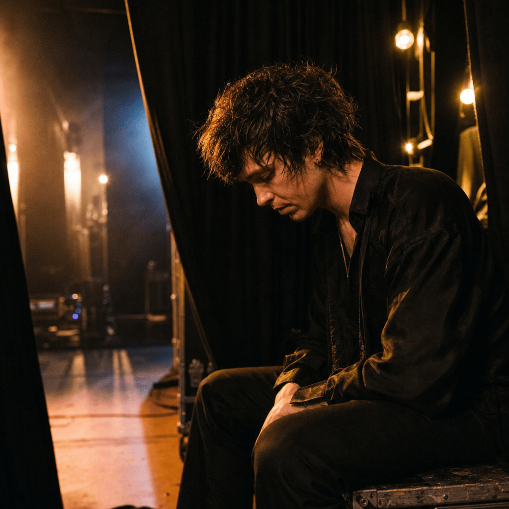 Square candid portrait of an anonymous musician backstage, dim amber practical bulbs, black curtains, traces of haze, a