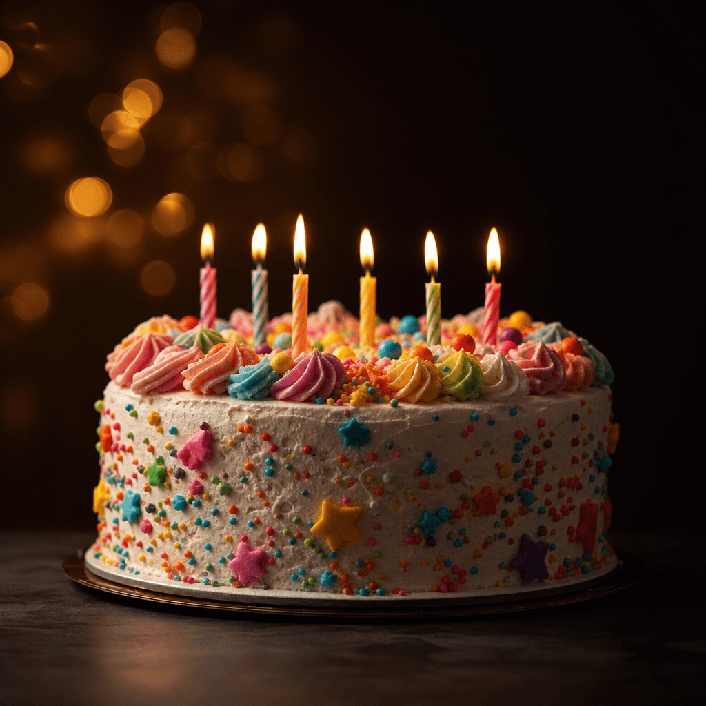 Cinematic editorial close-up of a child's brightly frosted birthday cake with lit candles on a dark matte surface, warm