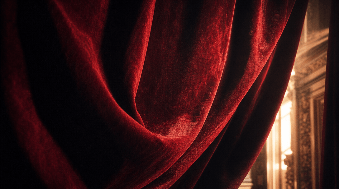 Abstract close-up of rich crimson velvet curtain fabric caught in dramatic motion, partially swept aside to reveal a sli