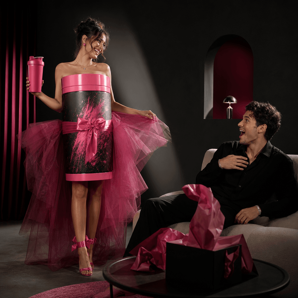 A playful girlfriend surprise scene built around a bright cylindrical supplement tub transformed into a sculptural fashi