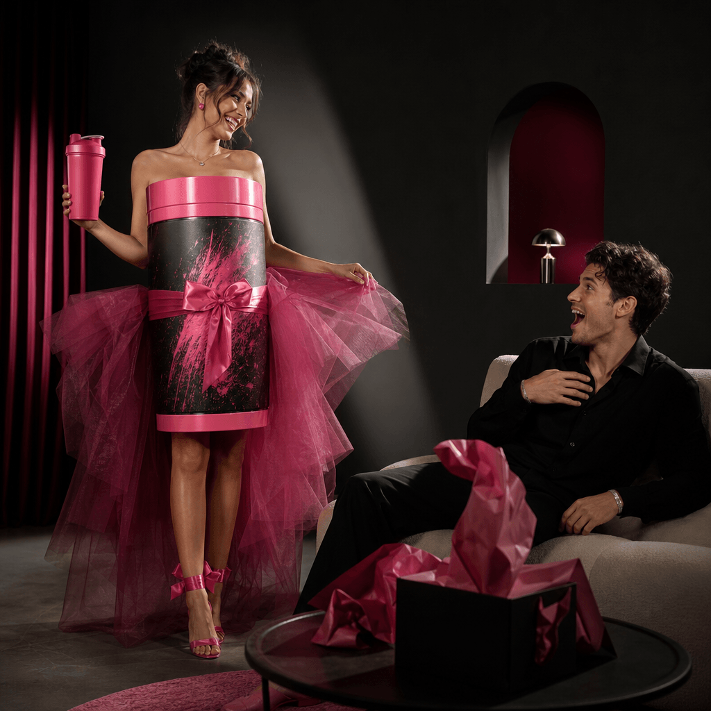 A playful girlfriend surprise scene built around a bright cylindrical supplement tub transformed into a sculptural fashi