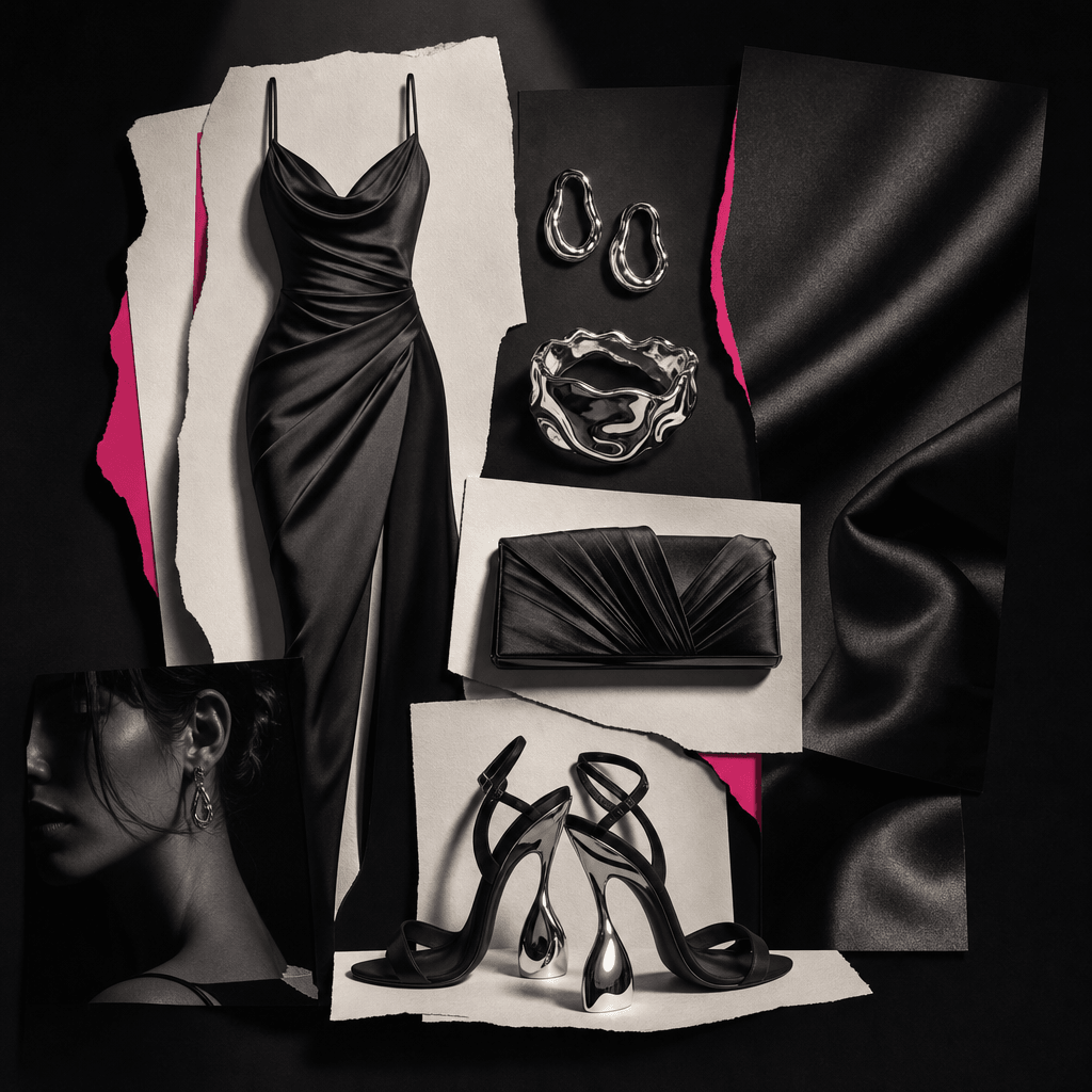 Luxury evening outfit transformed into an elegant fashion collage, with a black satin dress, sculptural heels, silver je