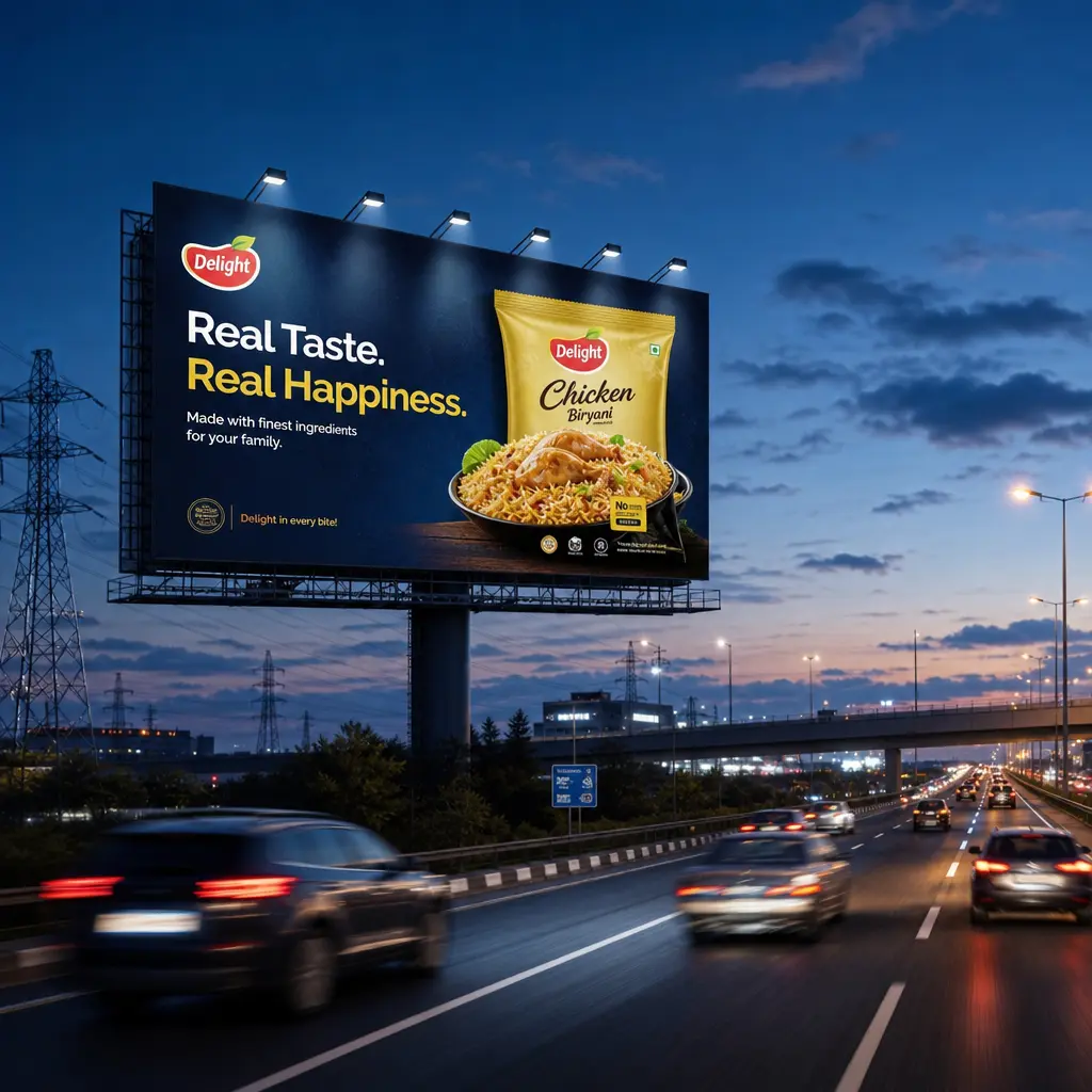 High-speed highway billboard featuring packaged food product, motion perspective showing vehicle movement, dramatic blue