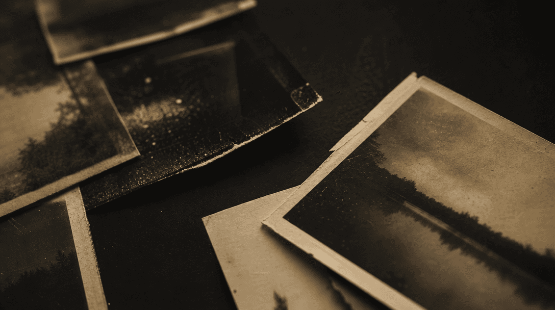 Macro still life of vintage photographic paper, fine film grain, dust, soft scratches, and slightly faded emulsion layer