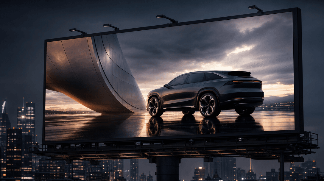 Abstract campaign-ready concept for commercial deployment theme: a single large-format editorial car photograph printed
