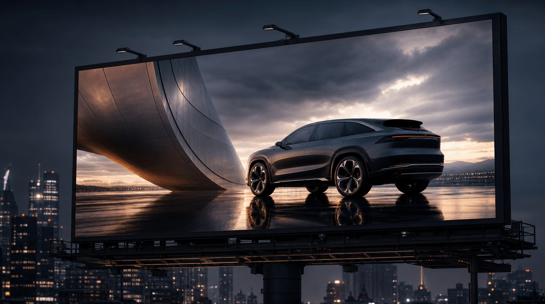 Abstract campaign-ready concept for commercial deployment theme: a single large-format editorial car photograph printed