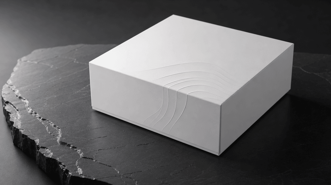Abstract still representing commercial-grade brand quality: pristine matte white product box with minimal embossed surfa