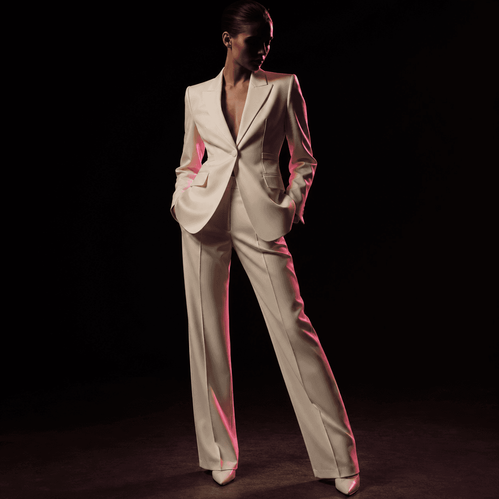 An anonymous fashion model wearing a structured cream blazer and tailored trousers in a minimal near-black photography s