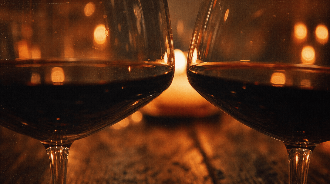 Two wine glasses almost touching on a weathered wooden table — extreme close-up with shallow depth of field, bokeh candl