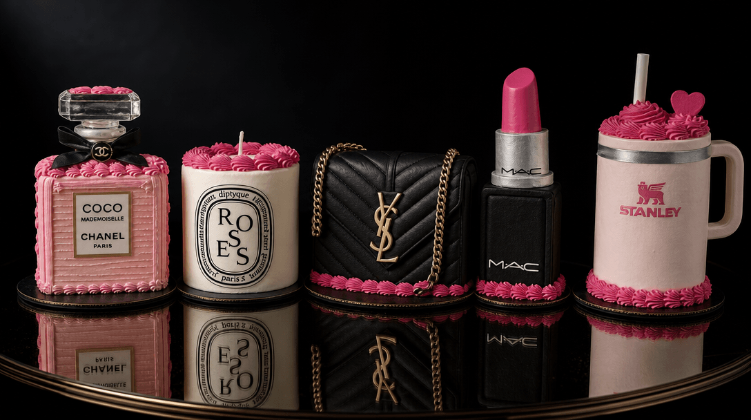 A curated editorial arrangement of five distinct beauty and lifestyle products — each one transformed into a miniature c