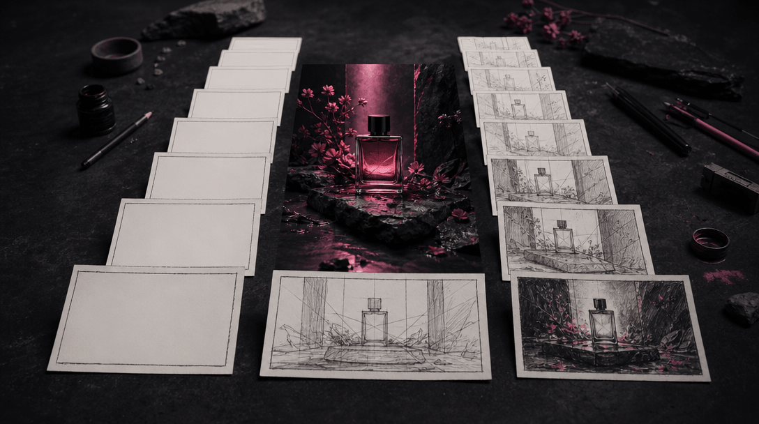 A sequence of blank storyboard-like paper frames physically arranged across a dark studio floor, converging into one ful