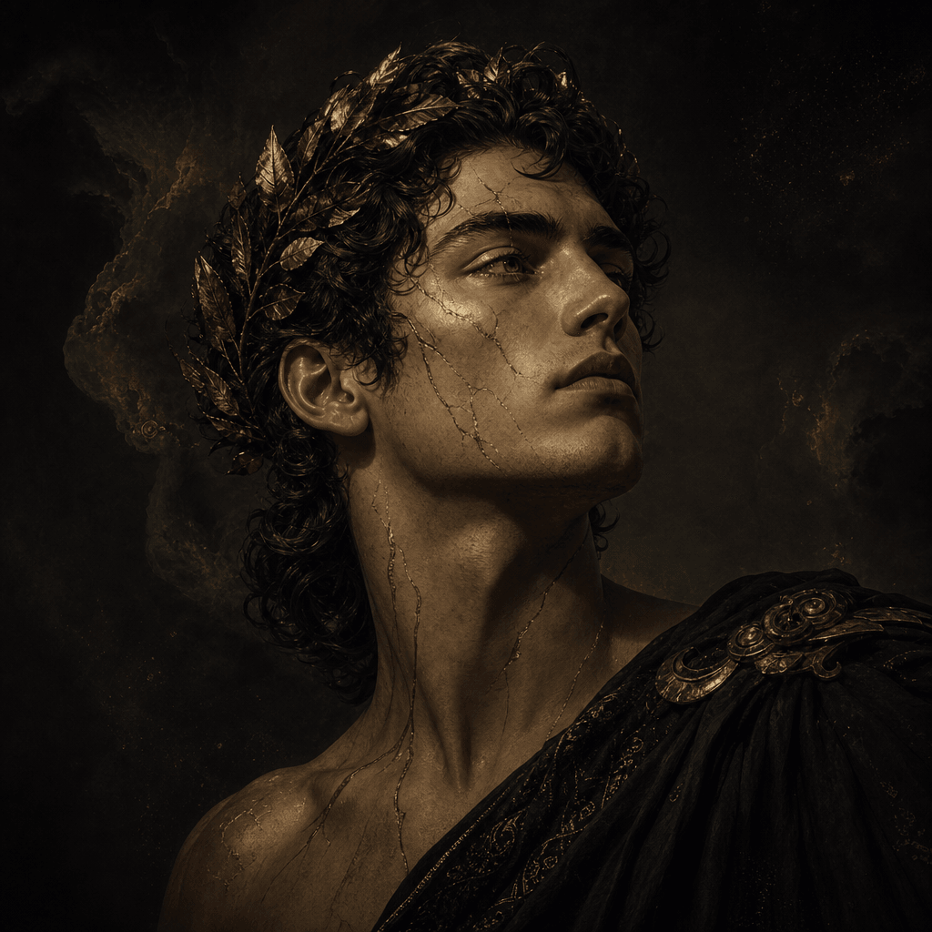 An artistic representation of a person transformed into a mythic figure, with a dramatic dark background and soft lighti