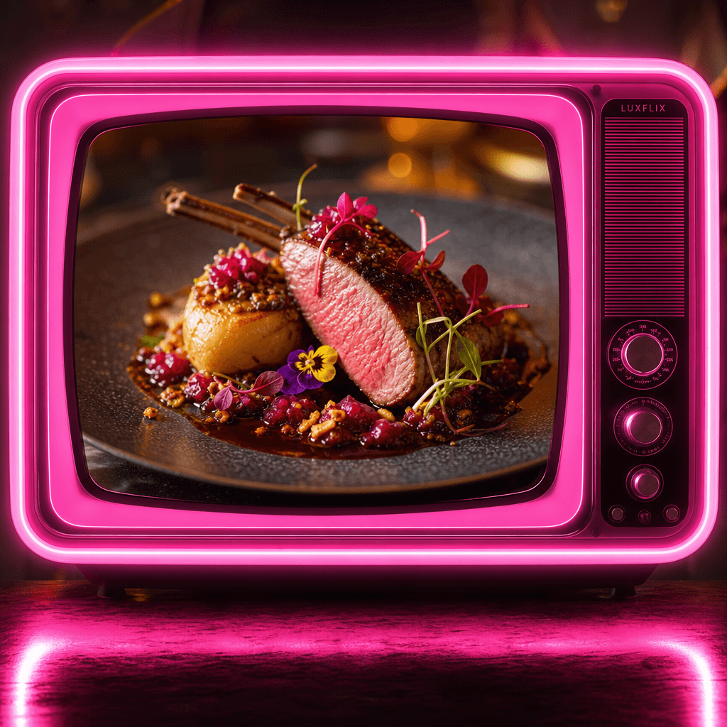 Luxury food presentation on neon pink TV screen. Plating, garnish details, rich colors, warm lighting contrasted with co