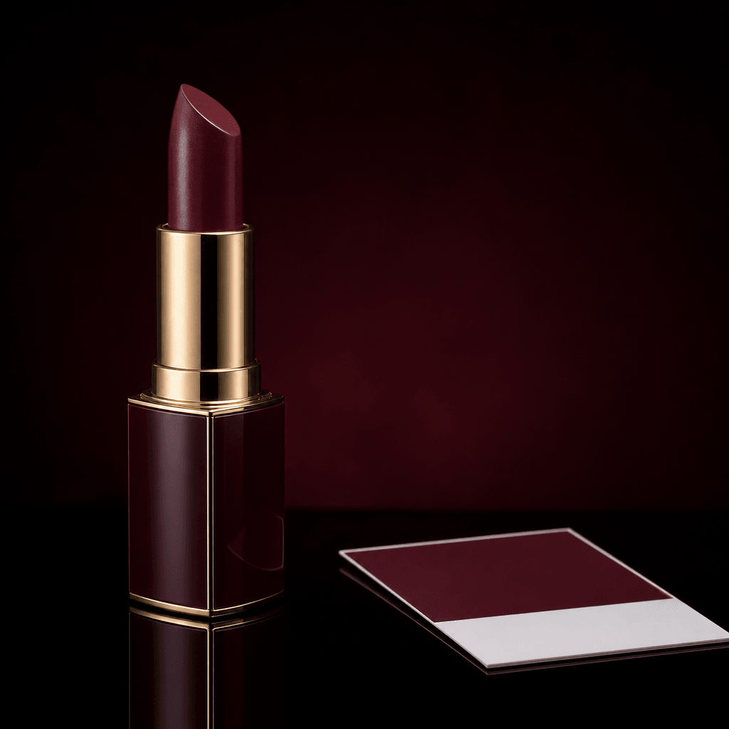 Side-angle product shot of a deep burgundy lipstick tube standing upright on a very dark mirrored surface, soft specular