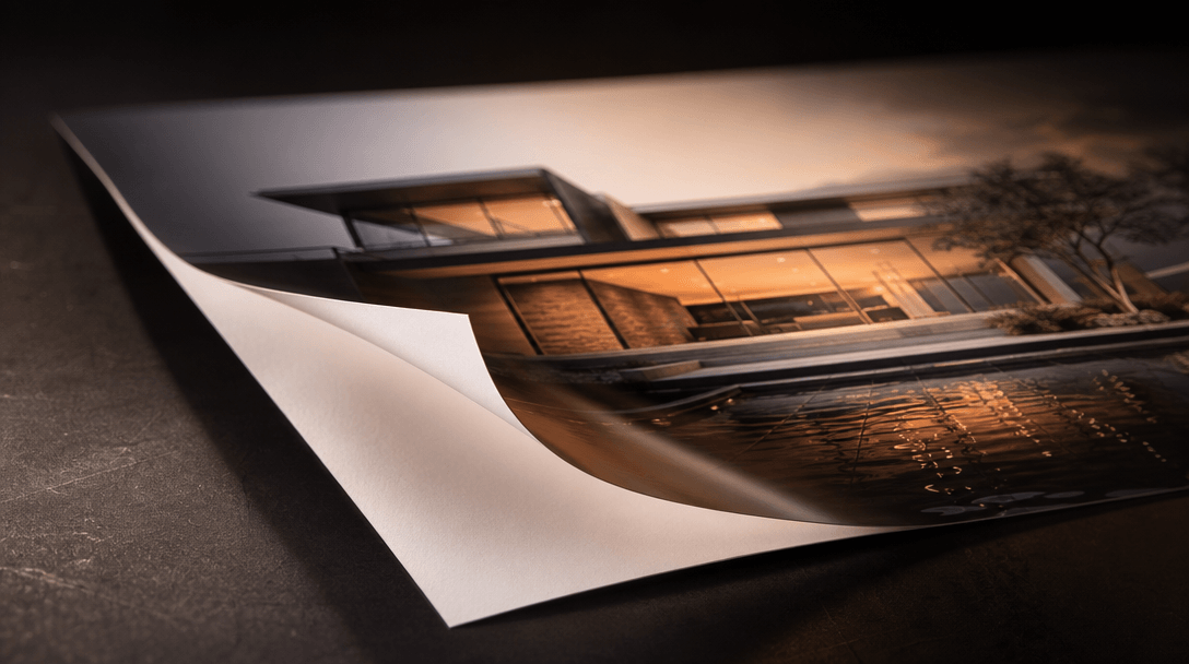 Abstract close-up of a high-gloss architectural render print, one edge curling slightly upward to reveal blank white pap