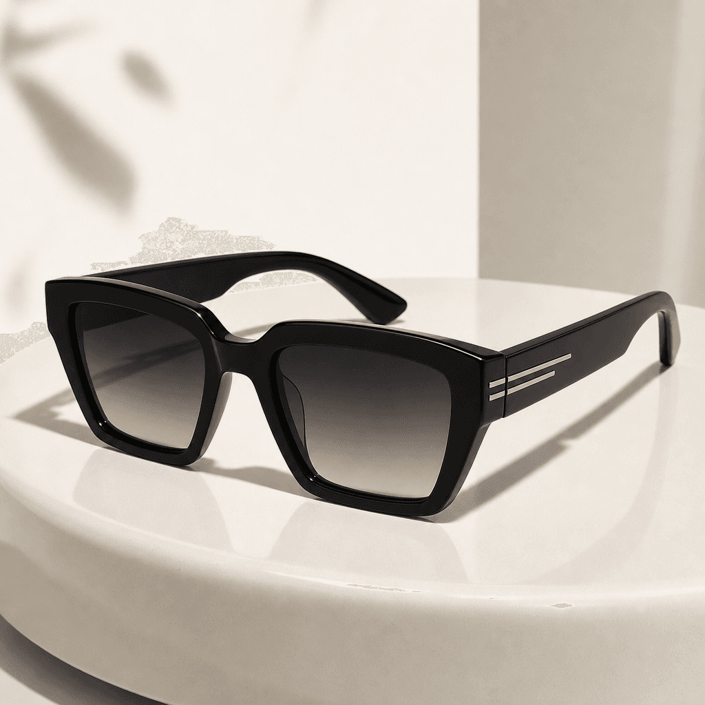 Square fashion product shot: a pair of angular black acetate sunglasses resting on a smooth off-white ceramic surface. S