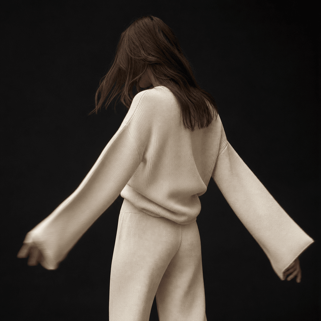 Minimal ecommerce fashion scene featuring an anonymous model in a cream knit set turning against a deep near-black studi