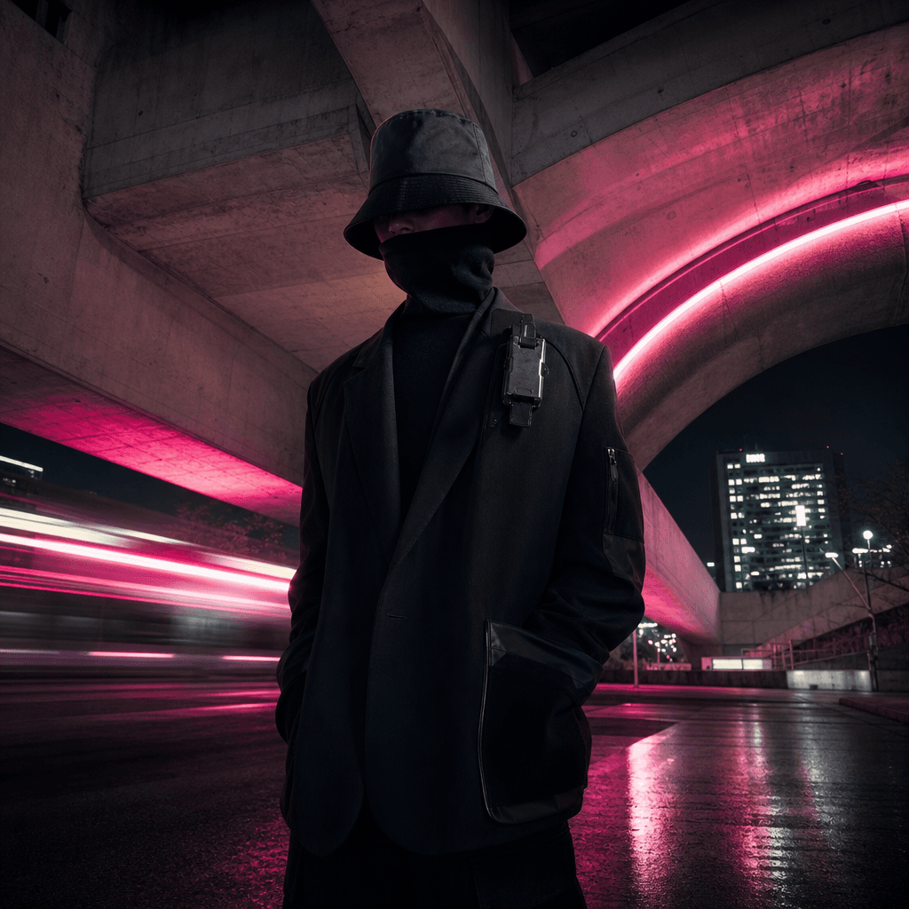 A fictional streetwear character in a dark tailored jacket standing beneath dramatic concrete architecture at night, sub