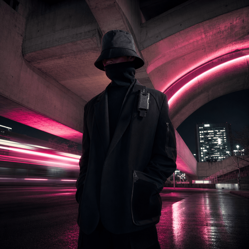A fictional streetwear character in a dark tailored jacket standing beneath dramatic concrete architecture at night, sub